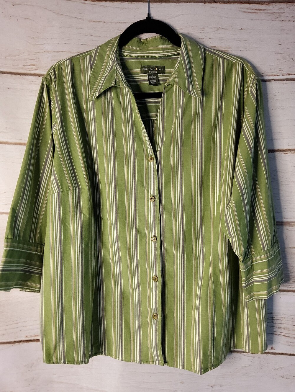 Mountain Lake Woman Green Striped Button-Down Shirt 1X